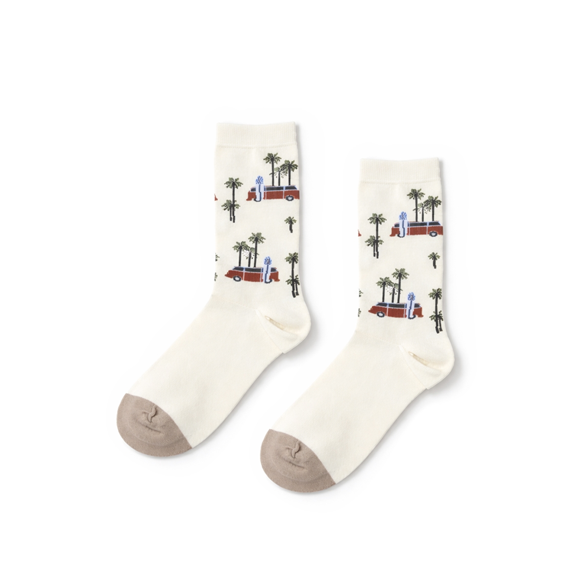 WildSock Retro Surf - cream socks with retro van and palm trees