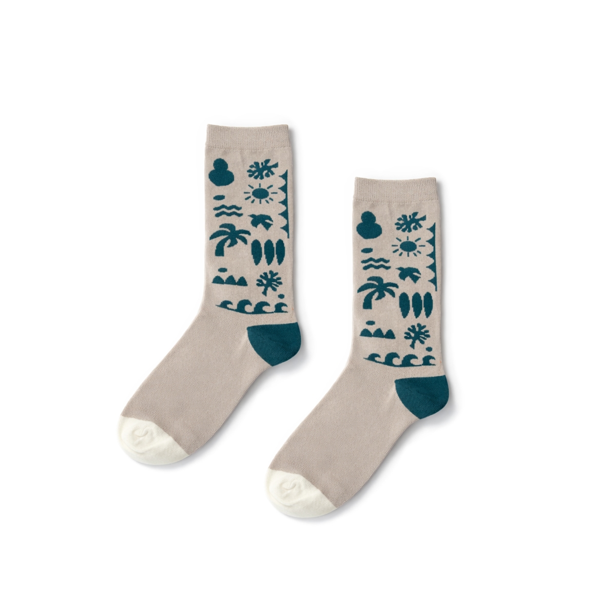 WildSock Island Story - beige socks with teal tropical icons