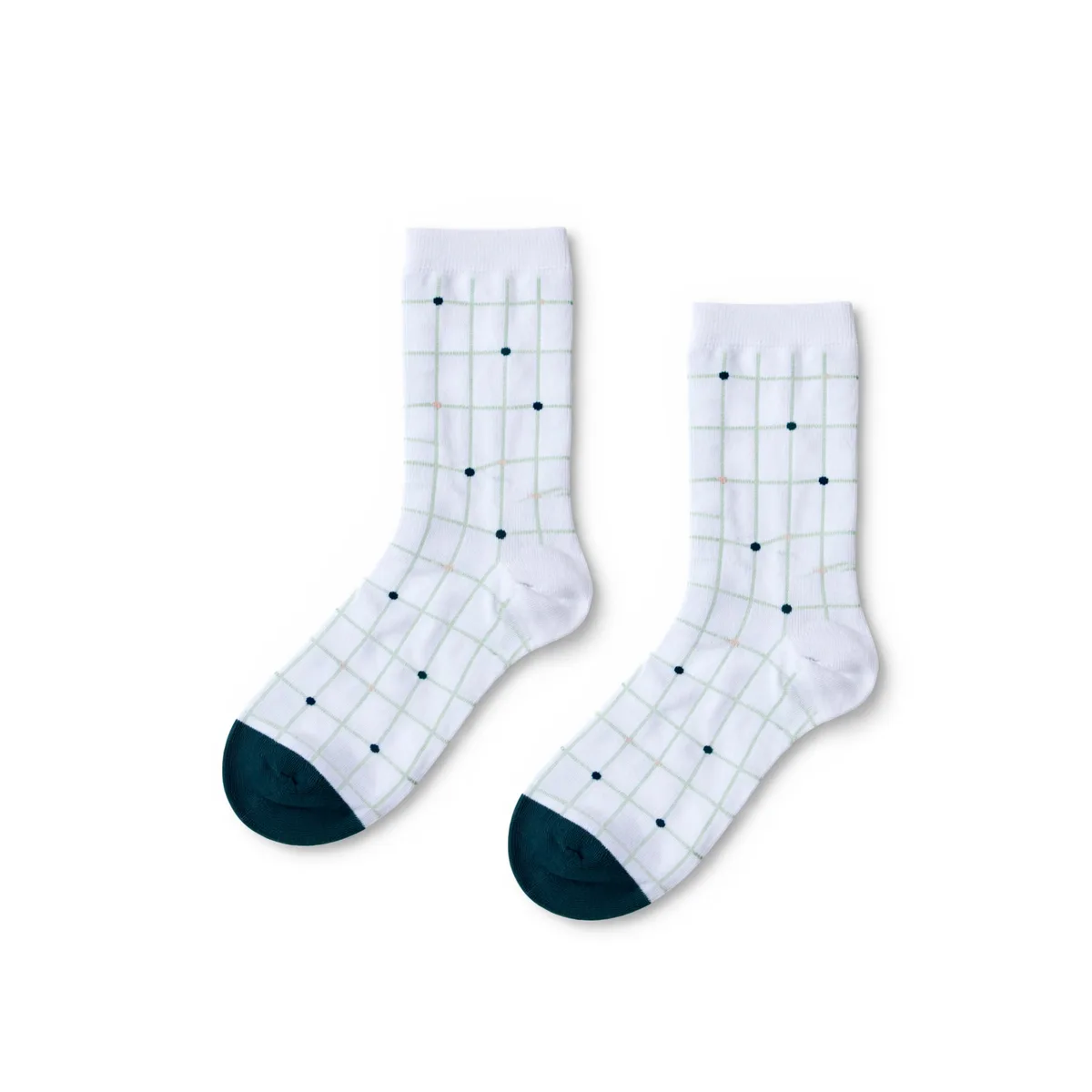 WildSock Mosaic - white socks with green grid and dots