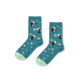 WildSock Toucan - teal socks with toucan birds and pink flowers