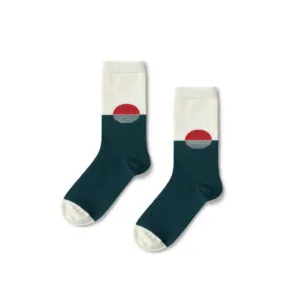 WildSock Sunset - teal and cream socks with minimalist red sun