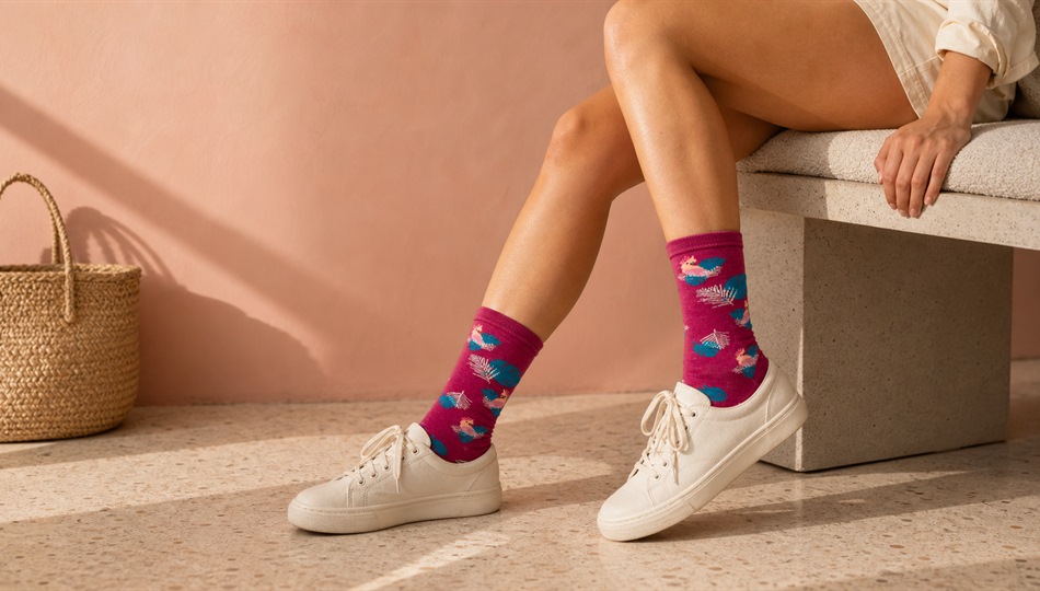 גרבי WildSock בדגם קקדו בגוונים פסטליים, ישיבה על ספסל