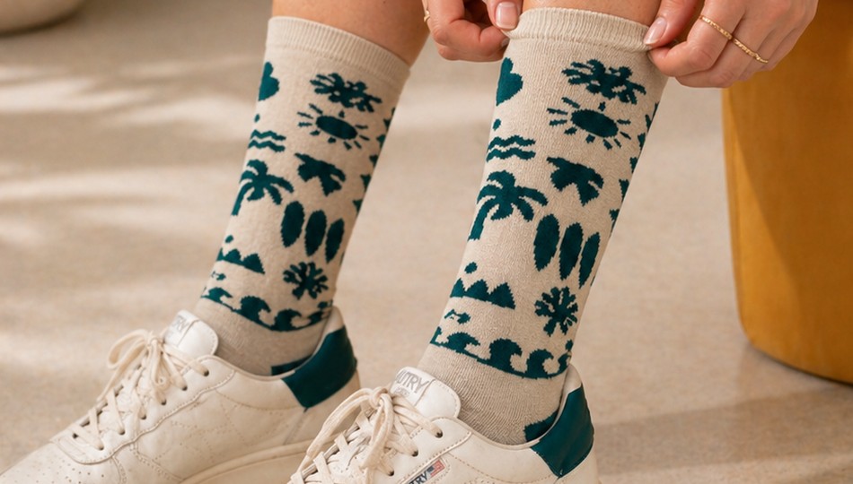 זוג גרביים צבעוניות של WildSock על ספה בבית, רגע רגוע בחג