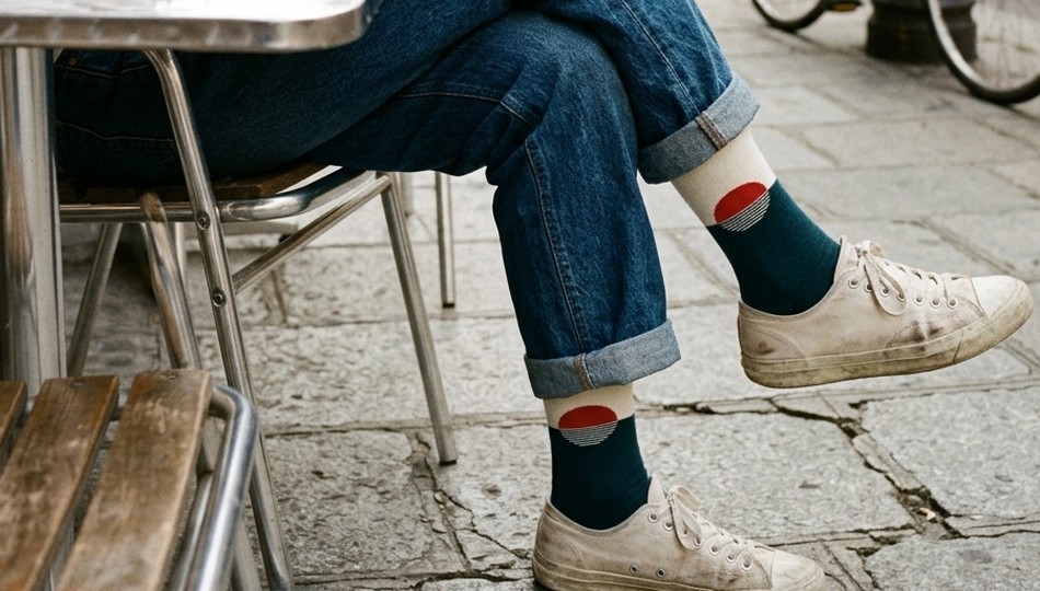 זוג גרביים צבעוניות של WildSock על רגל מונחת, ישיבה בבית קפה עירוני