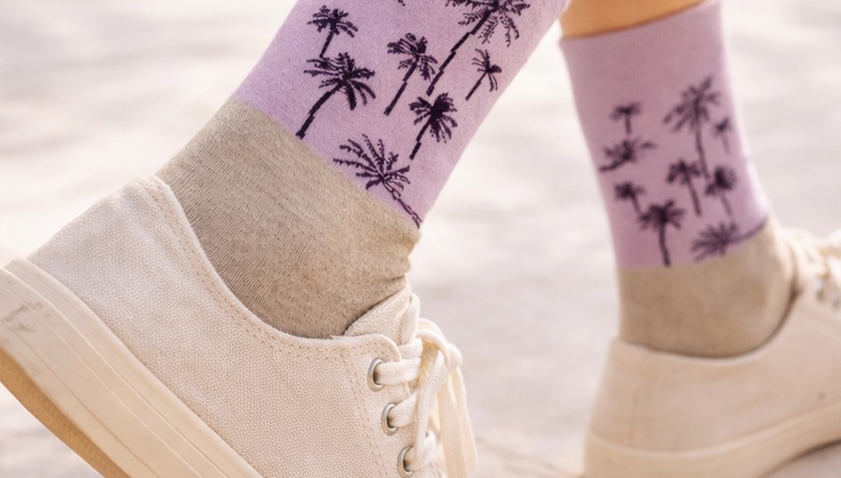 גרביים מעוצבות של WildSock נראות מעל נעל ספורט לבנה בזמן הליכה ברחוב