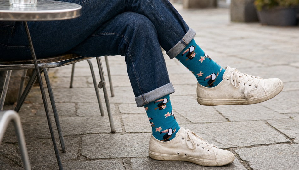 גרבי WildSock בדגם טוקן על רגל, ישיבה בבית קפה