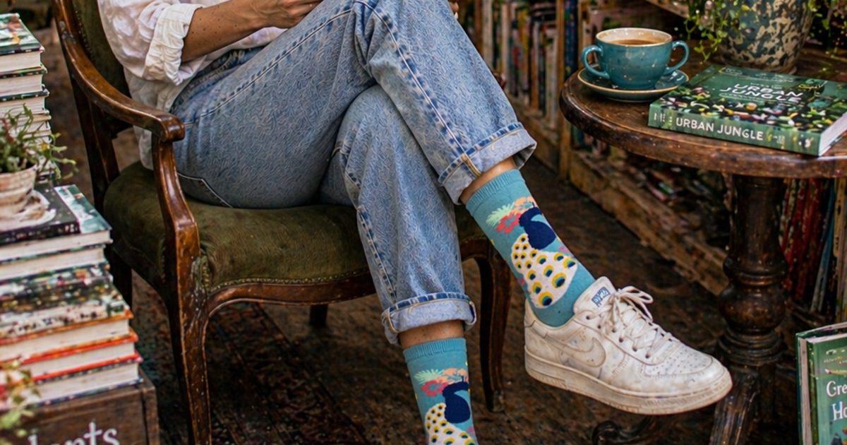 גרבי WildSock בדגם טווס עם נעלי סניקרס לבנות, ישיבה בחנות ספרים עם כוס קפה