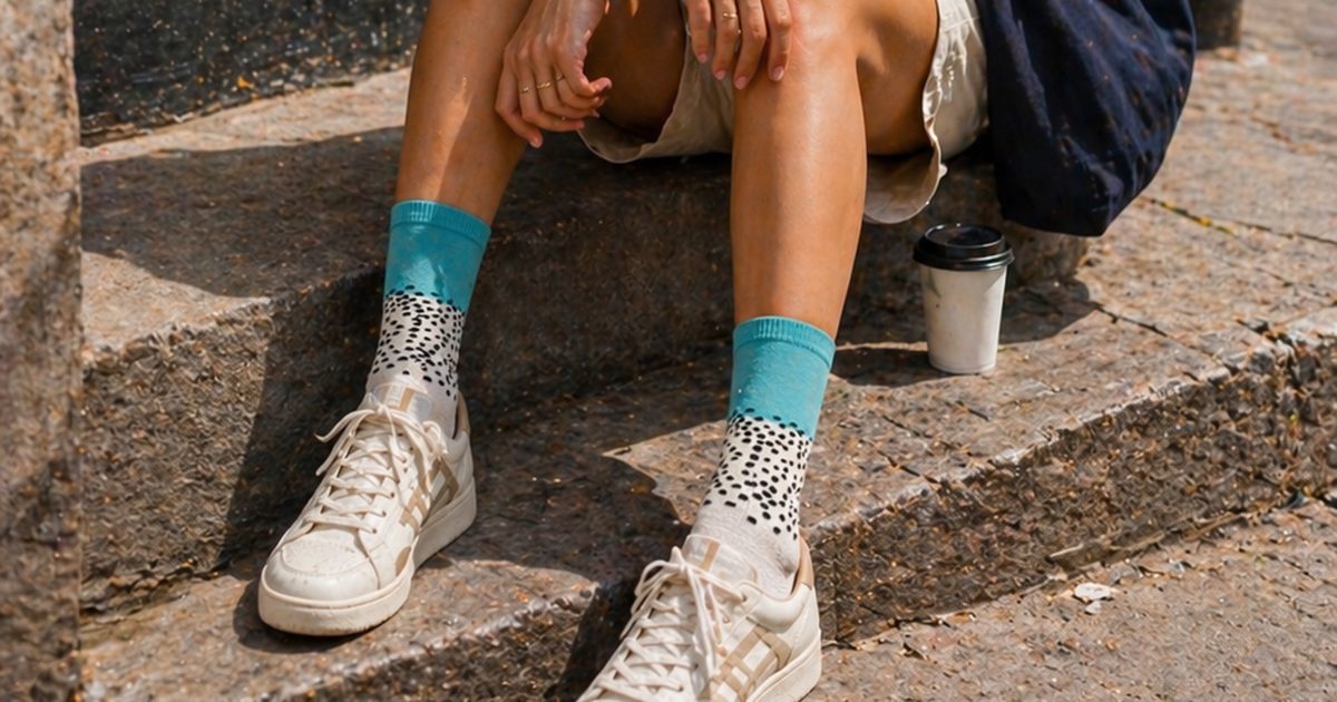 גרבי WildSock בטורקיז עם נקודות שחורות ונעלי סניקרס, ישיבה על מדרגה ברחוב עם כוס קפה
