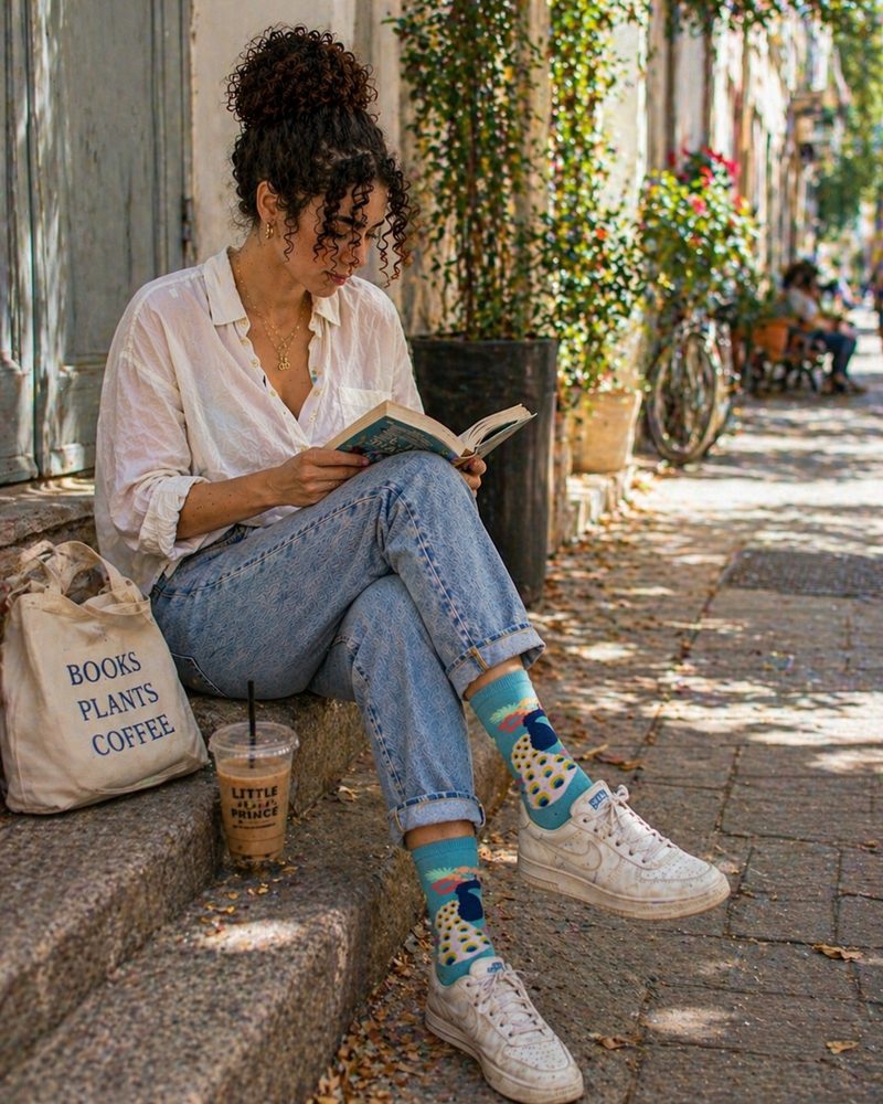 אישה קוראת ספר על מדרגה ברחוב עם כוס קפה, גרבי WildSock בטורקיז מעל סניקרס